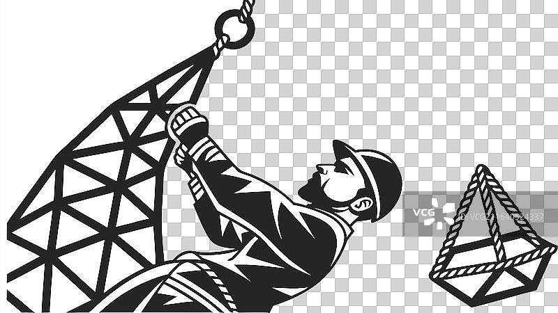 一个人攀登几何金字塔结构图片素材