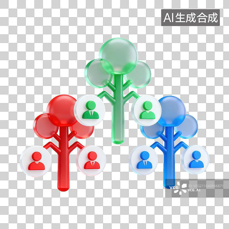 【AI数字艺术】3D磨砂玻璃材质树状图节点处搭配人形图标组织架构与人员层级元素图片素材