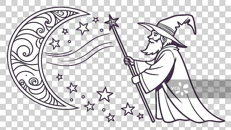 异想天开的巫师在月亮上观星的场景设计图片素材