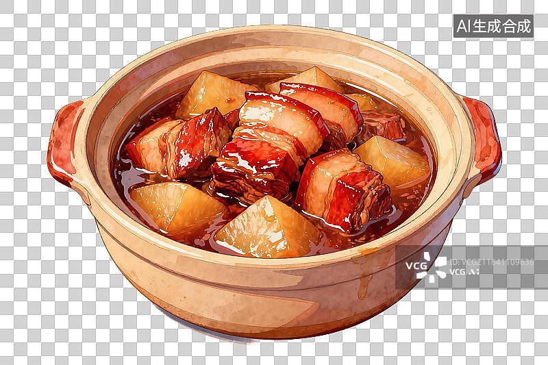 【AI数字艺术】手绘风格，砂锅中美味的萝卜炖肉PNG格式的免扣元素图片素材