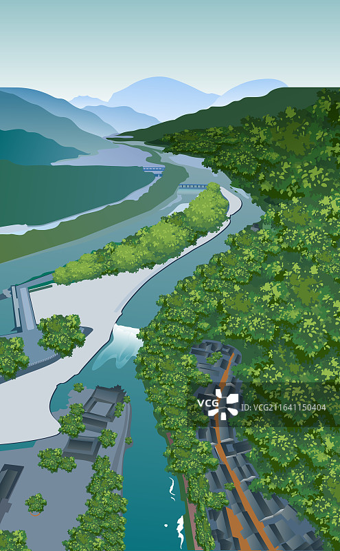 都江堰风景区水库插画矢量素材背景图片素材