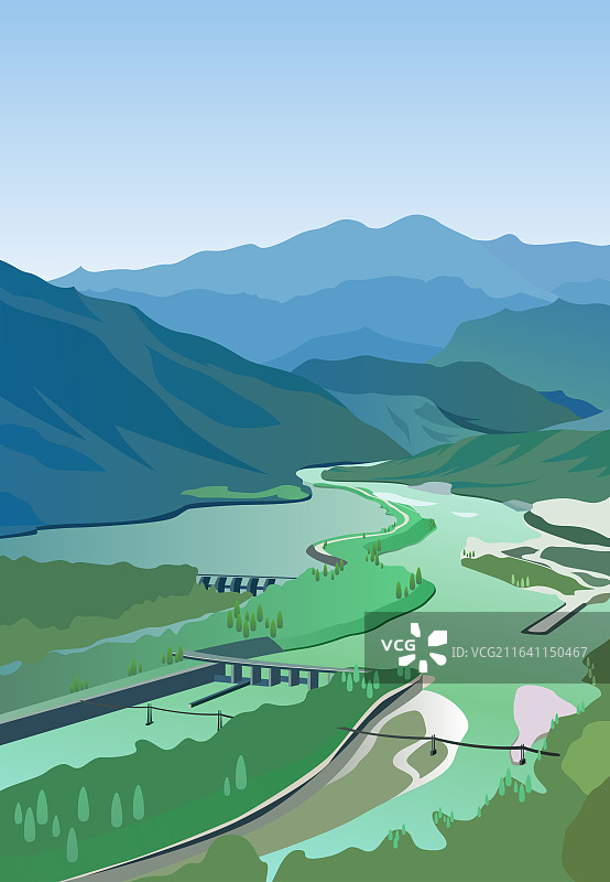 都江堰风景区水库插画矢量素材背景图片素材
