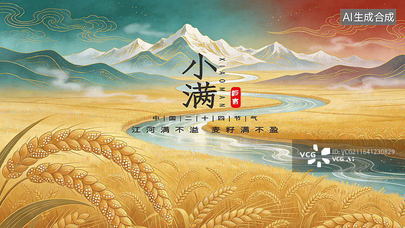 【AI数字艺术】国潮敦煌风节气海报 河流麦穗图片素材