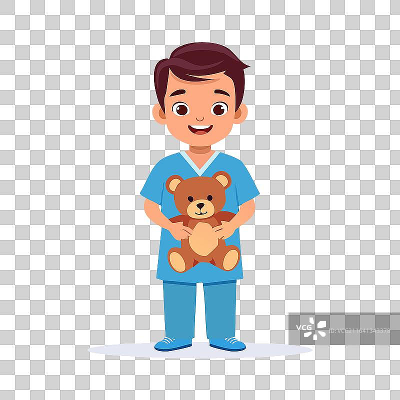 穿着蓝色手术服的男孩微笑着抱着泰迪熊图片素材