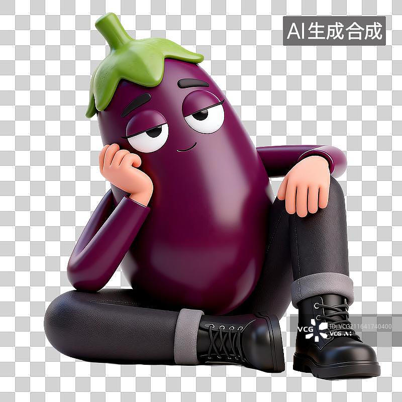 【AI数字艺术】慵懒托腮思考的拟人茄子图片素材