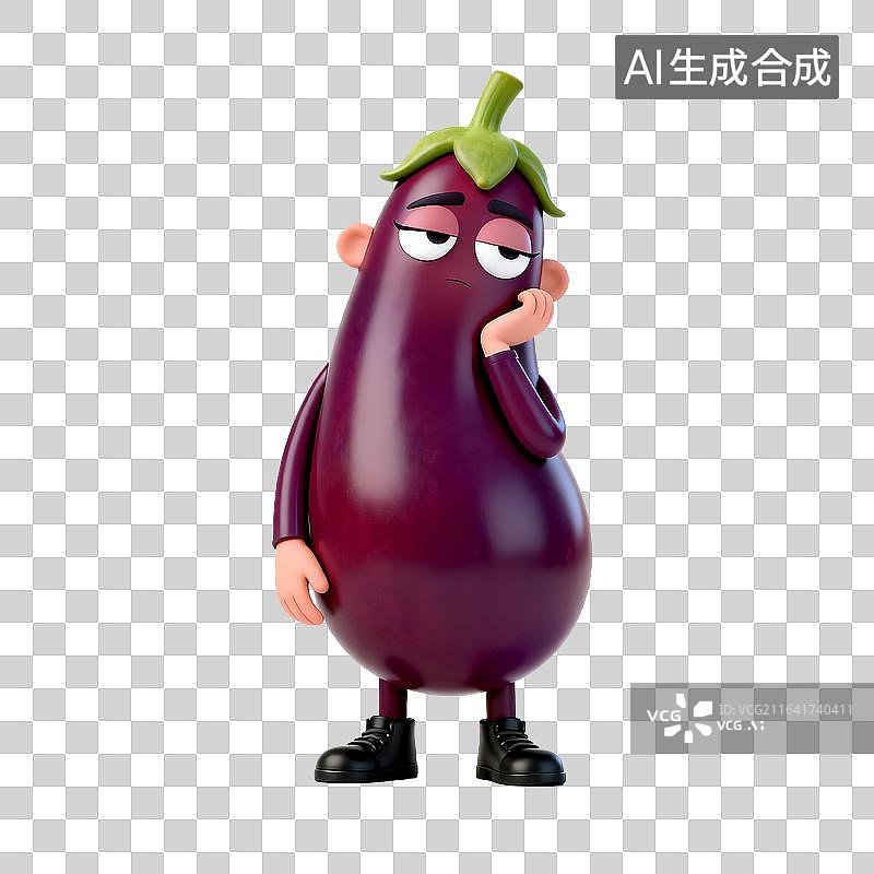 【AI数字艺术】慵懒托腮思考的拟人茄子图片素材