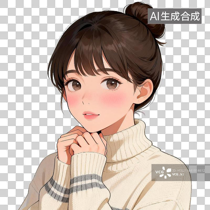 【AI数字艺术】[免抠PNG素材]丸子头少女高领毛衣肖像插画图片素材