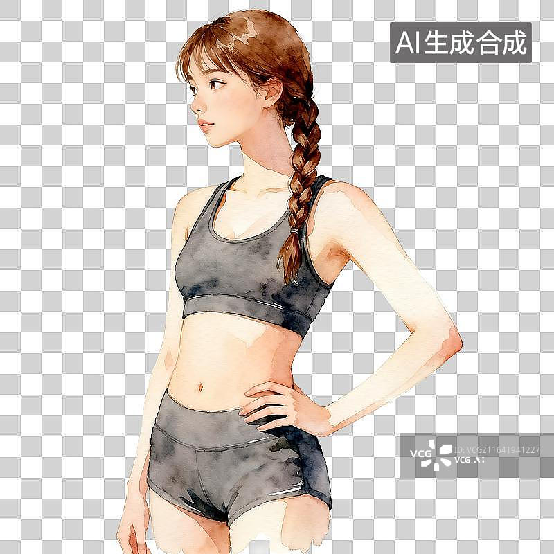 【AI数字艺术】[免抠PNG素材]水彩风格健身少女形象图片素材