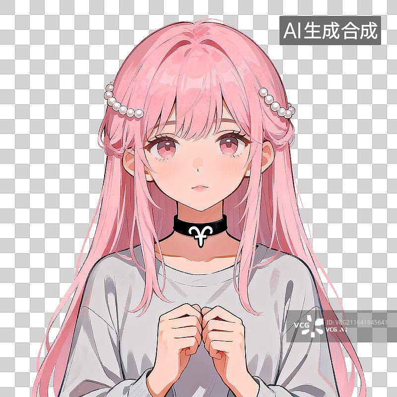 【AI数字艺术】[免抠PNG素材]粉发珍珠配饰少女半身插画图片素材