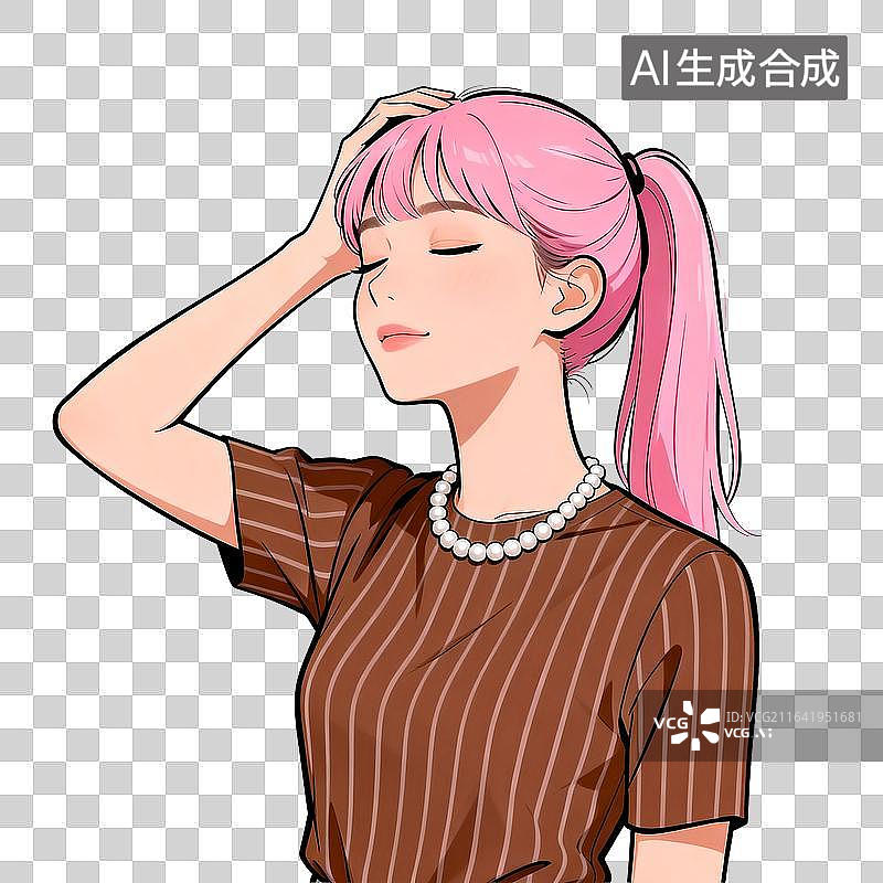 【AI数字艺术】[免抠PNG素材]粉马尾条纹上衣女生卡通形象图片素材