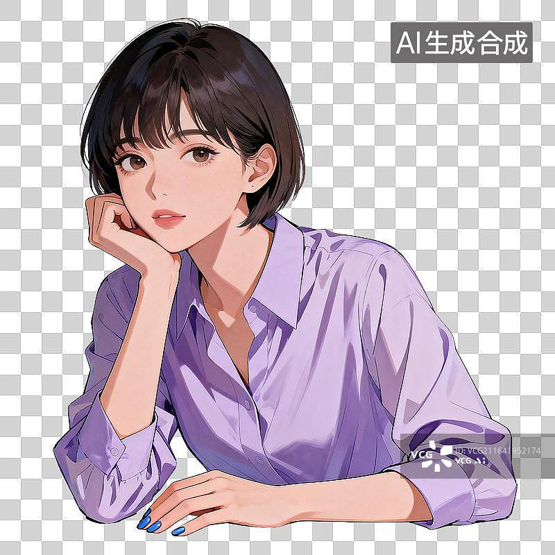 【AI数字艺术】[免抠PNG素材]短发紫衣女生肖像插画图片素材
