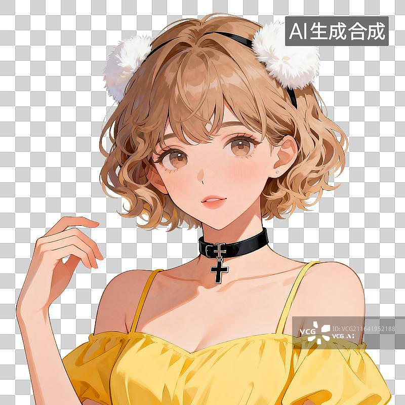 【AI数字艺术】[免抠PNG素材]短发卷发少女的半身插画形象图片素材