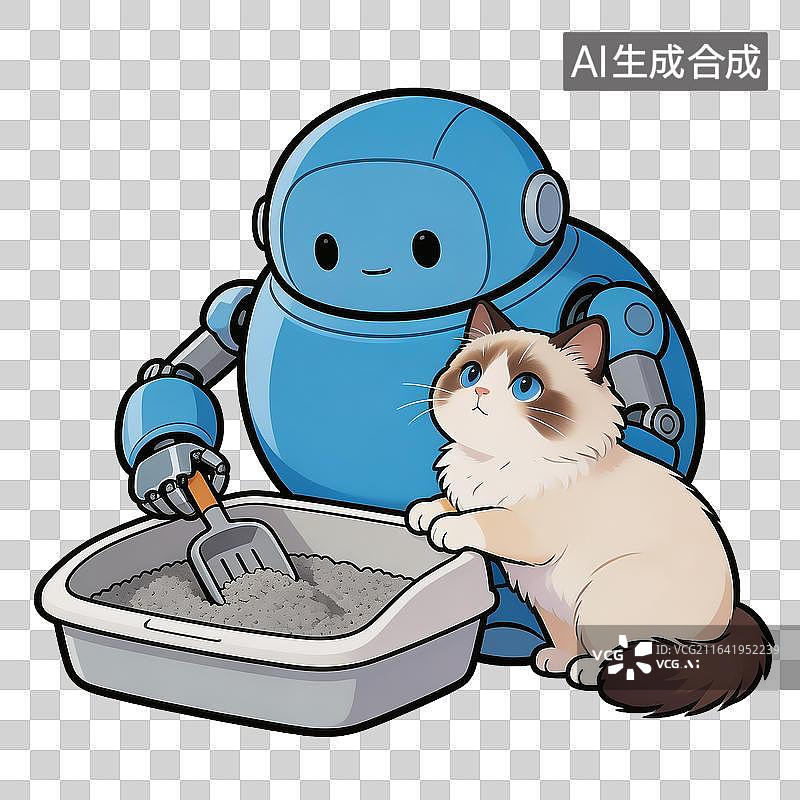 【AI数字艺术】[免抠PNG素材]蓝色机器人帮布偶猫清理猫砂盆图片素材