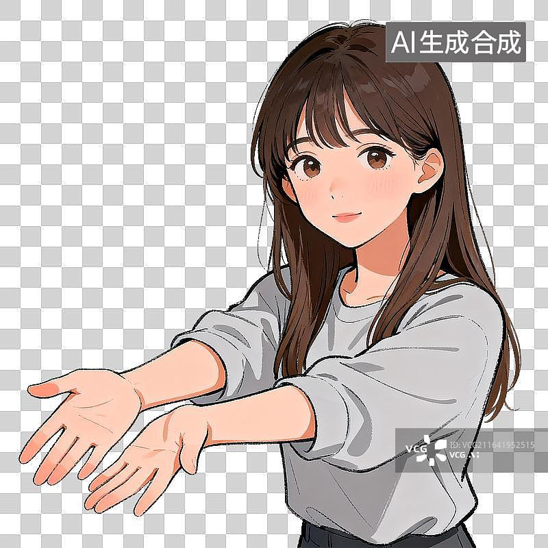 【AI数字艺术】[免抠PNG素材]长发少女伸手做出展示手势图片素材