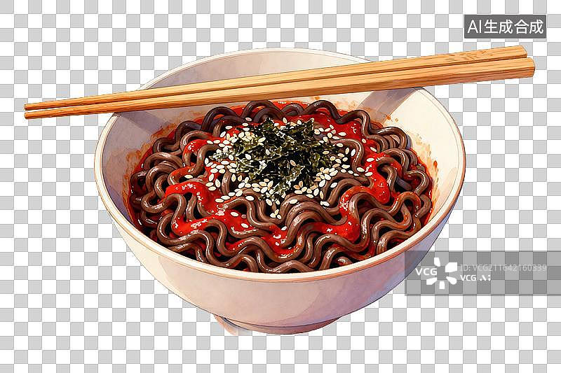 【AI数字艺术】卡通风格，一碗火鸡面，上面撒着白芝麻与海苔碎PNG格式的免扣元素图片素材