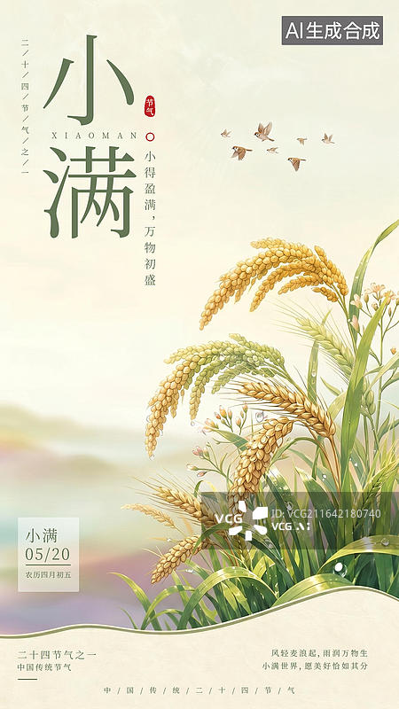 【AI数字艺术】小满时节金黄麦穗与稻田展现生机图片素材
