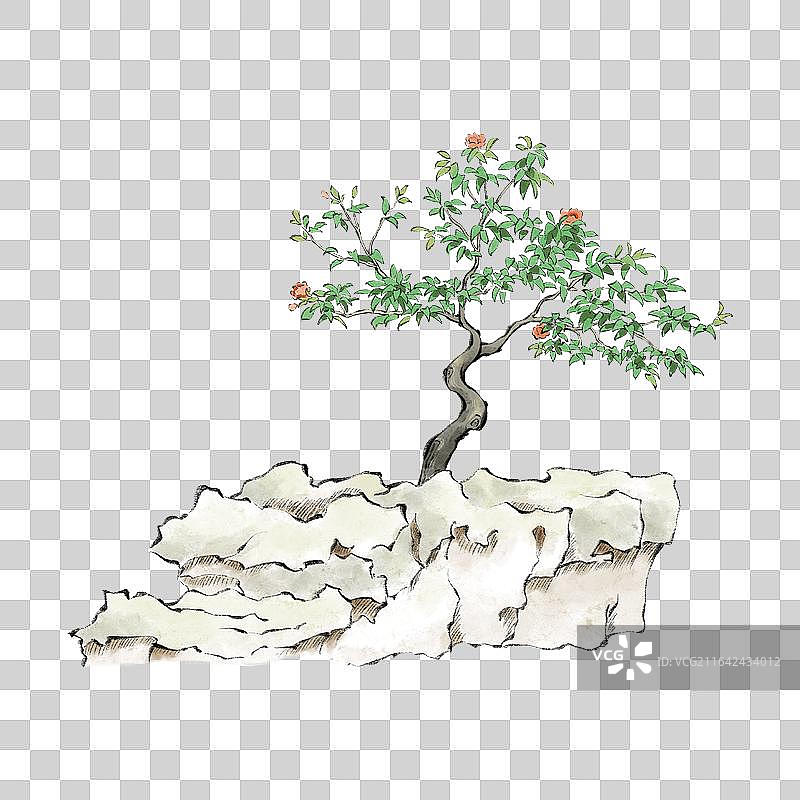 手绘中式园林庭院花园公园造景园艺元素图片素材
