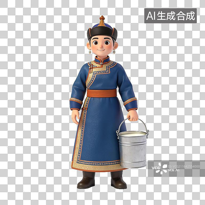 【AI数字艺术】身着蒙古族服饰手提奶桶的卡通人物图片素材