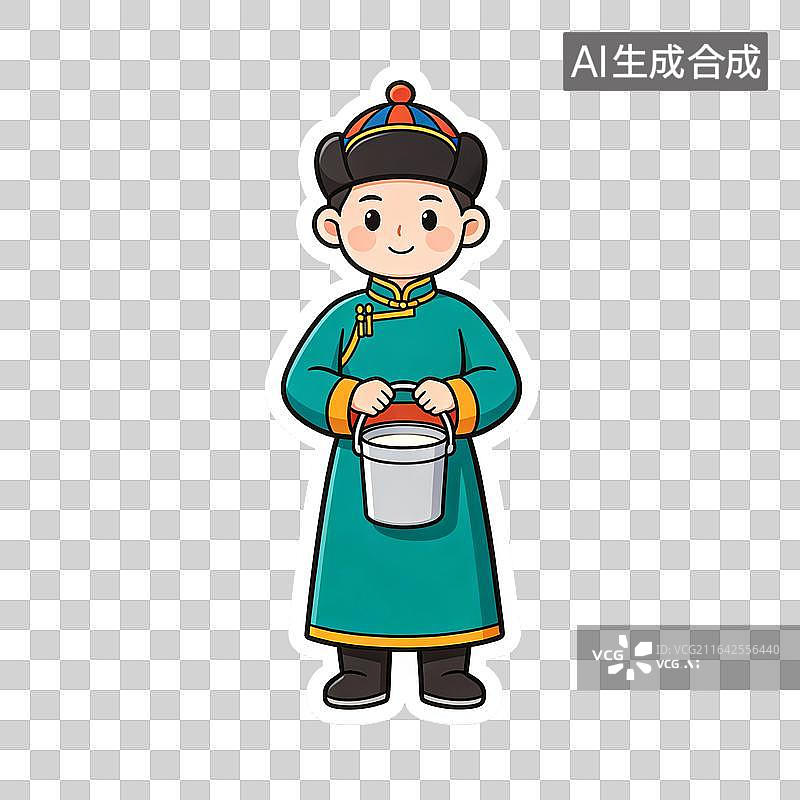 【AI数字艺术】身着蒙古族服饰手持奶桶的卡通少年图片素材