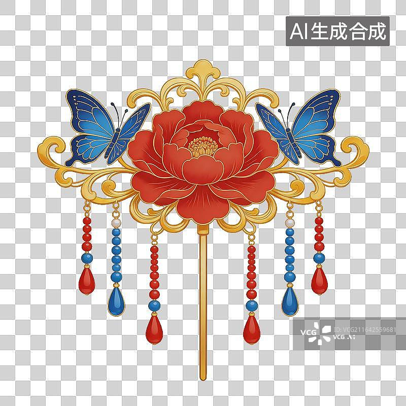 【AI数字艺术】红色花朵与蓝蝶装饰发簪图片素材