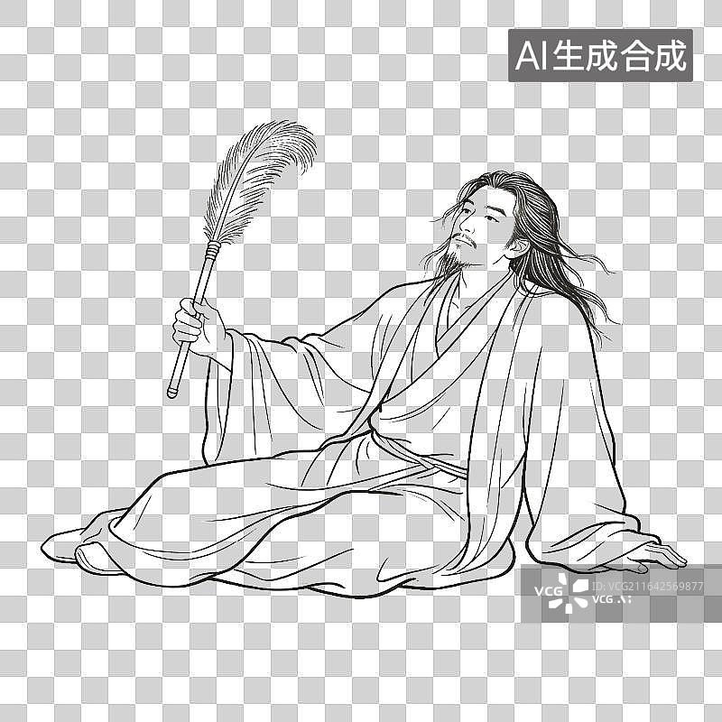 【AI数字艺术】古代文人持羽扇静坐图片素材