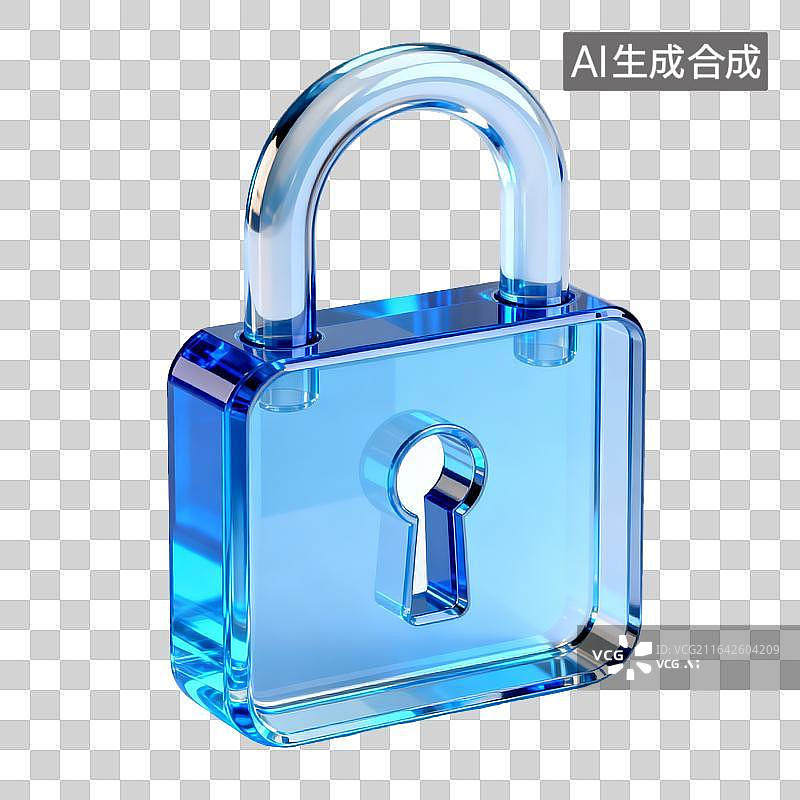 【AI数字艺术】[免抠PNG素材]透明蓝色玻璃挂锁三维渲染图图片素材