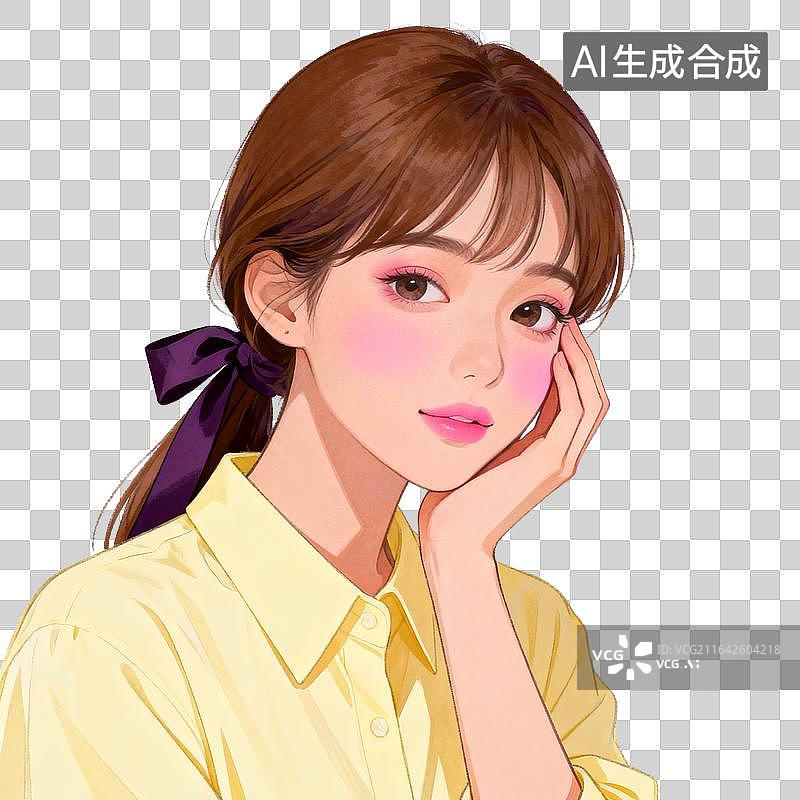 【AI数字艺术】[免抠PNG素材]温柔低马尾黄衫少女插画图片素材