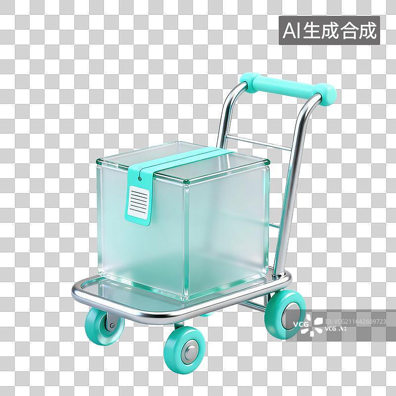 【AI数字艺术】3D磨砂玻璃材质电商购物主题物流手推车上放着快递纸箱元素图片素材
