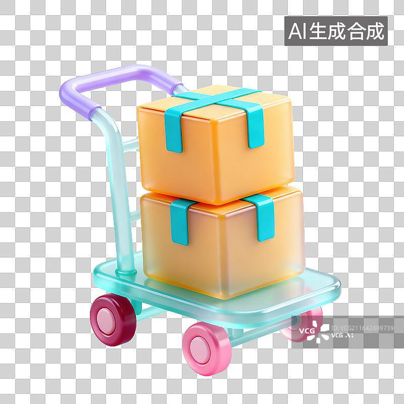 【AI数字艺术】3D磨砂玻璃材质电商购物主题物流手推车上放着快递纸箱元素图片素材