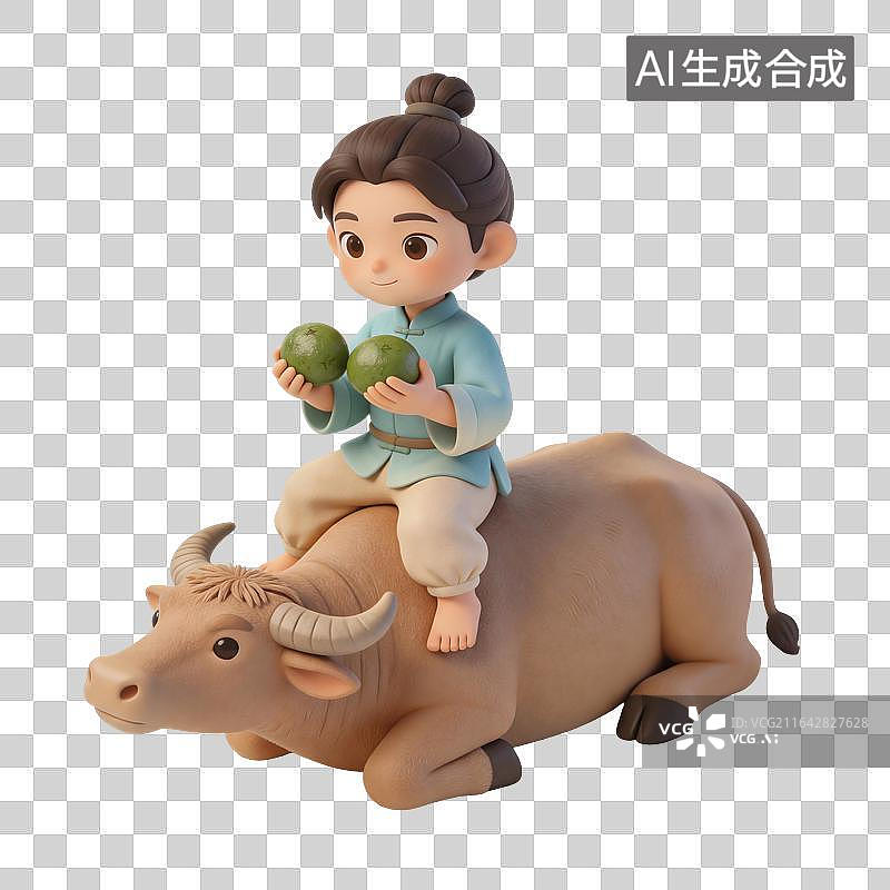【AI数字艺术】清明牧童放牛拿着食物青团插画图片素材