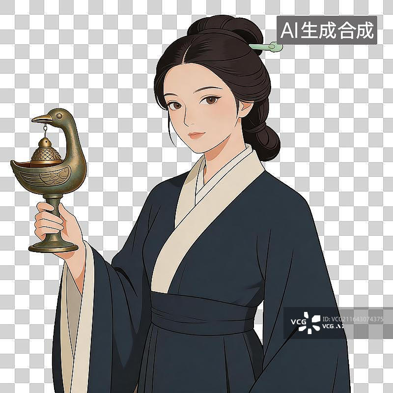 【AI数字艺术】古装女子手持铜鸭灯图片素材