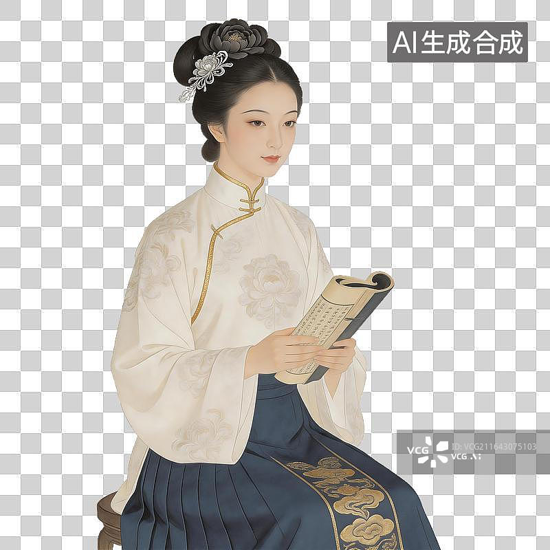 【AI数字艺术】古代女子手持书卷阅读图片素材
