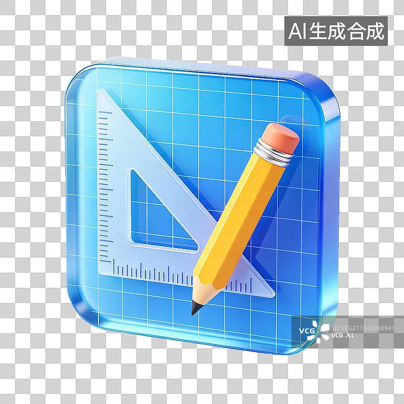 【AI数字艺术】蓝色透明方块中的绘图工具图片素材