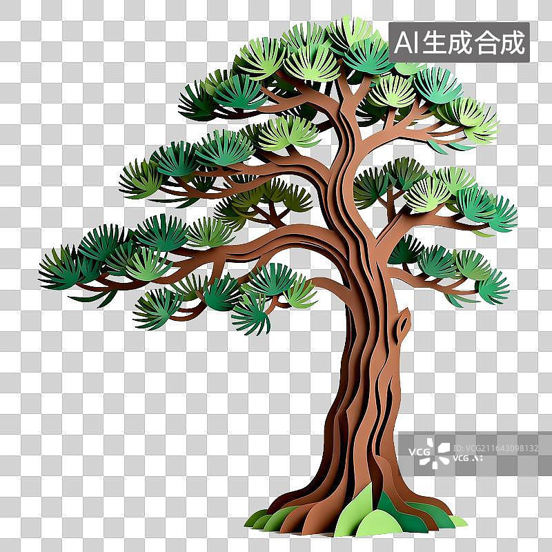 【AI数字艺术】剪纸风格常青松树装饰插画图片素材