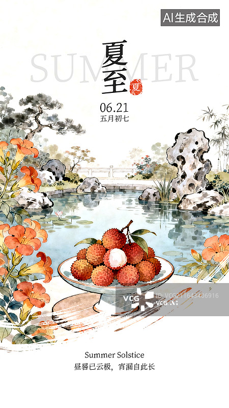 【AI数字艺术】治愈系笔刷节气海报设计—夏至图片素材
