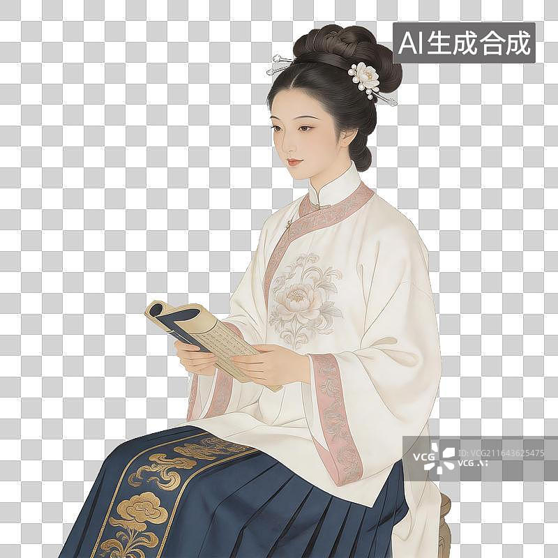 【AI数字艺术】古装女子手持书卷阅读图片素材