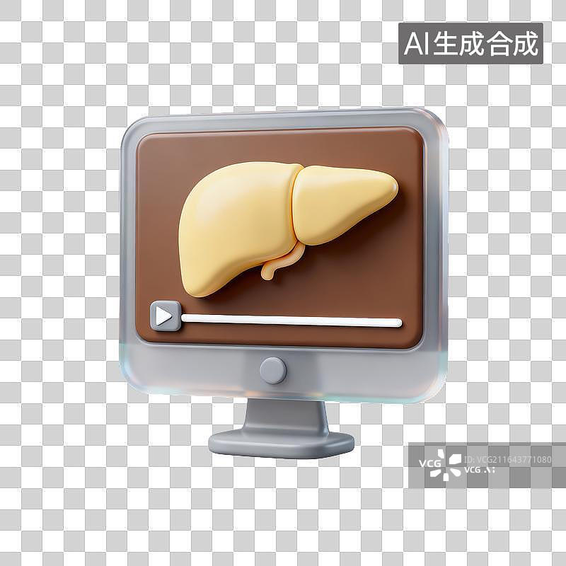 【AI数字艺术】3D半透明磨砂质感的显示器屏幕上播放着肝脏解剖模型的教学视频医学科普图片素材