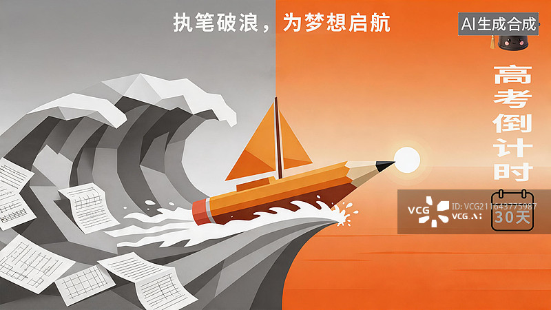【AI数字艺术】扁平化高考倒计时海报，巨大铅笔削切而成的帆船，正冲破厚重的灰色波浪图片素材