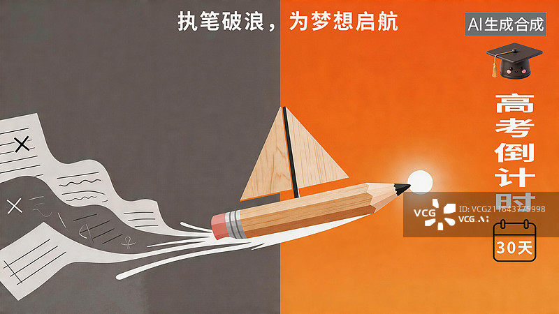 【AI数字艺术】扁平化高考倒计时海报，巨大铅笔削切而成的帆船，正冲破厚重的灰色波浪图片素材