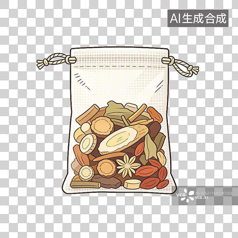 【AI数字艺术】装有中药材的中药药包国风插画图片素材