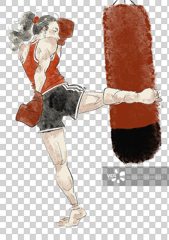 手绘复古风拳击女性插画元素图片素材