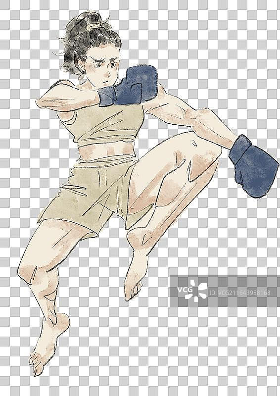 手绘复古风拳击女性插画元素图片素材
