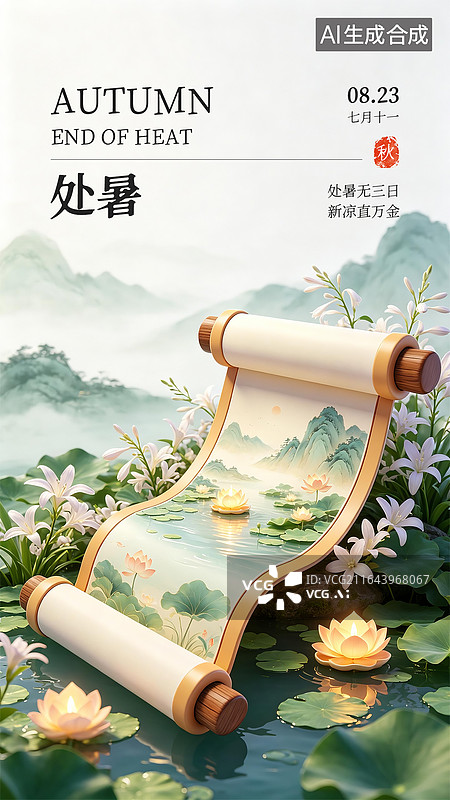 【AI数字艺术】手机海报_节气_3D卷轴_处暑图片素材