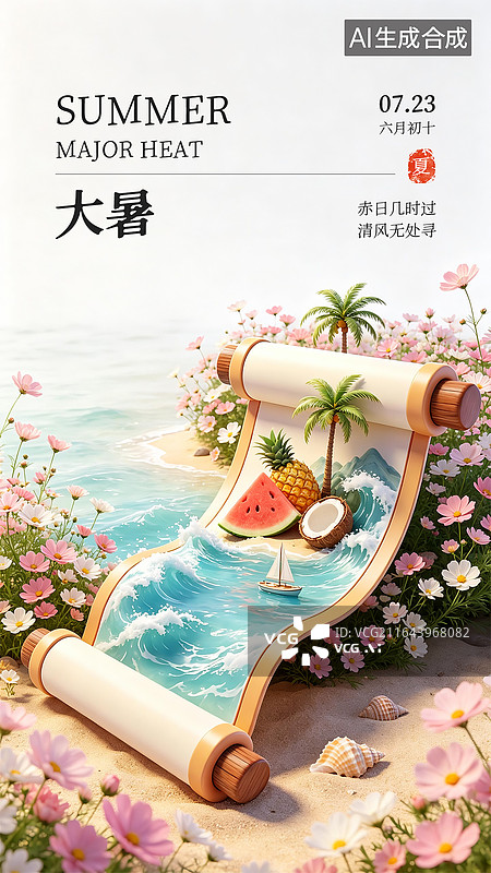 【AI数字艺术】手机海报_节气_3D卷轴_大暑图片素材