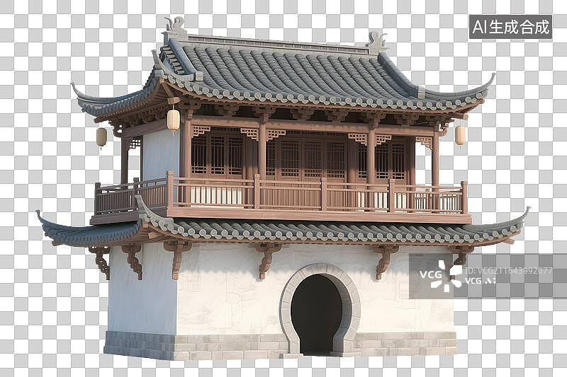 【AI数字艺术】中式古建筑楼阁 古风双层塔楼模型图片素材
