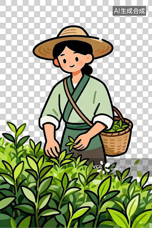 【AI数字艺术】女子采摘茶叶田园风光图片素材