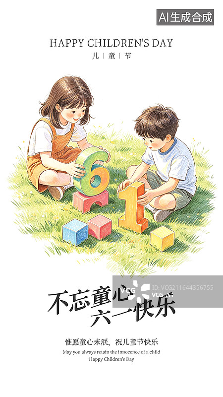 【AI数字艺术】手机海报_儿童节_彩铅_搭积木图片素材