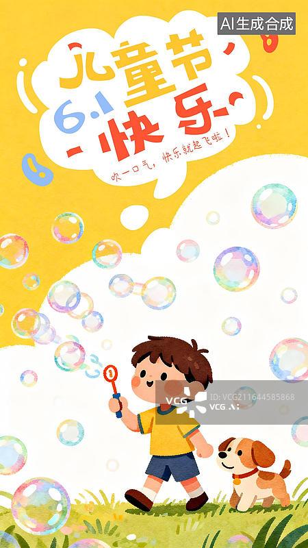 【AI数字艺术】小男孩吹泡泡儿童节插画海报图片素材