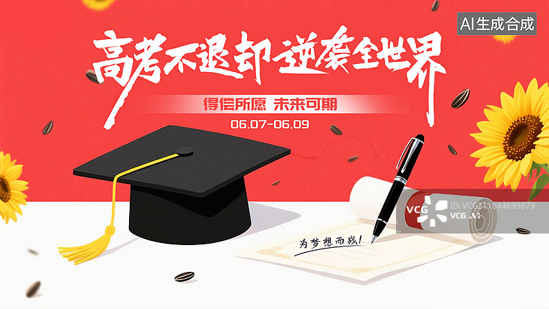 【AI数字艺术】金榜题名，一举夺葵，高考插画海报，红底映衬下的学士帽、文凭与钢笔，定格毕业季，3D，C4D立体，横版图片素材