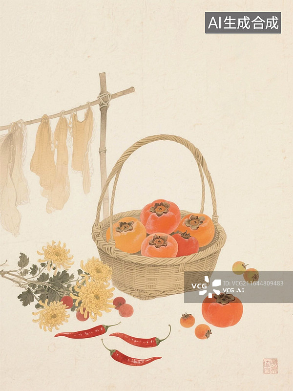 【AI数字艺术】立秋节气国风静物：竹篮柿子与秋菊插画图片素材